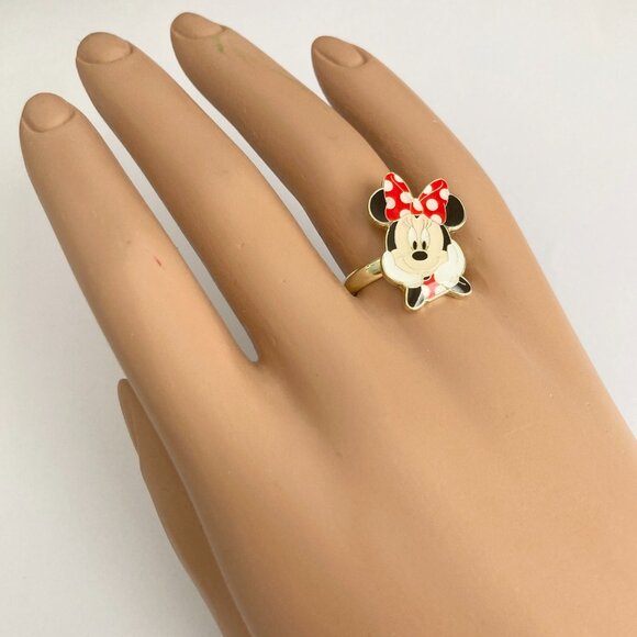Disney Parks Minnie Mouse Ring Size 7 8 Signed Adjustable Red Bow Dots Enamel - Picture 2 of 12